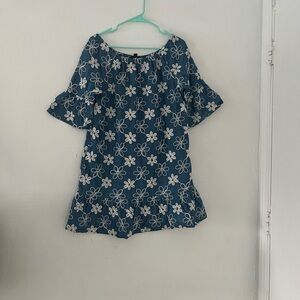 ECI Blue Dress with White Floral Pattern and Ruffle Hem